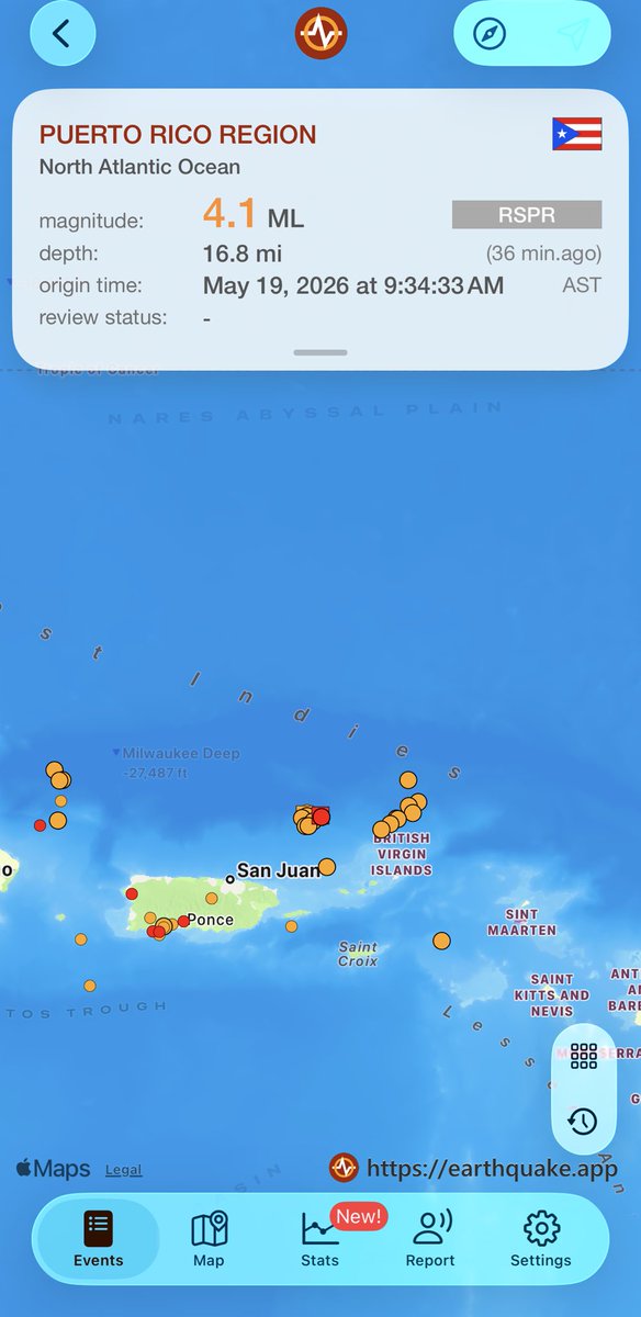 TemblorPR's tweet photo. 37 min.ago #earthquake 4.1 has hit North Atlantic Ocean, 16.8mi, 9:34 AM AST (RSPR ) https://t.co/9tNBBmuzdL #TemblorPR  https://t.co/9tNBBmuzdL https://t.co/mNZNSs9s2R