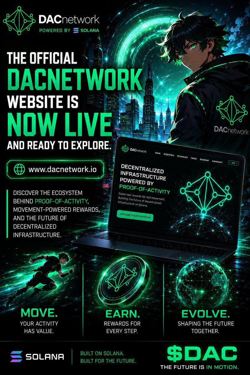 DACLabs's tweet photo. 🚀 The official DACnetwork website is now live and ready to explore.

Discover the ecosystem behind Proof-of-Activity, movement-powered rewards, and the future of decentralized infrastructure. ⚡

Move. Earn. Evolve. 👉 https://t.co/HVDU3FmHj5

#DACnetwork #Solana #Web3‌‌ https://t.co/cQqf5zQ4Tv