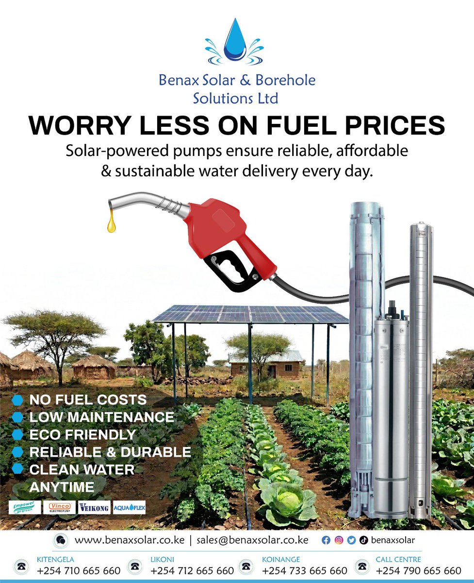 Keyknowthier's tweet photo. 🌞HIGH FUEL PRICES, NO PROBLEM!

With solar-powered pumping systems from Benax Solar & Borehole Solutions Ltd, you get reliable water delivery every day — without the burden of diesel or petrol costs.

✅ No fuel expenses
✅ Low maintenance
✅ Eco-friendly operation
✅ Reliable & durable performance
✅ Clean water anytime

Whether for farming, homes, institutions, or commercial use, our solar pumping solutions are designed to keep water flowing sustainably and affordably.

#SolarPumping #BoreholeSolutions #WaterSolutions #SolarEnergy #EmpowerPumps #IrrigationSolutions #Gosolar
