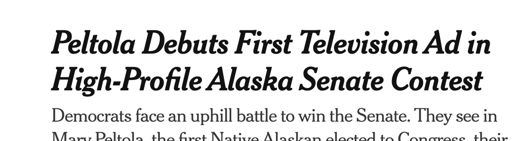 cnreves's tweet photo. @nytimes  unapologetically carrying water for the Peltola campaign by breathlessly writing up her first television ad is beyond embarrassing for a legacy media outlet. https://t.co/WPAGwIgFHv