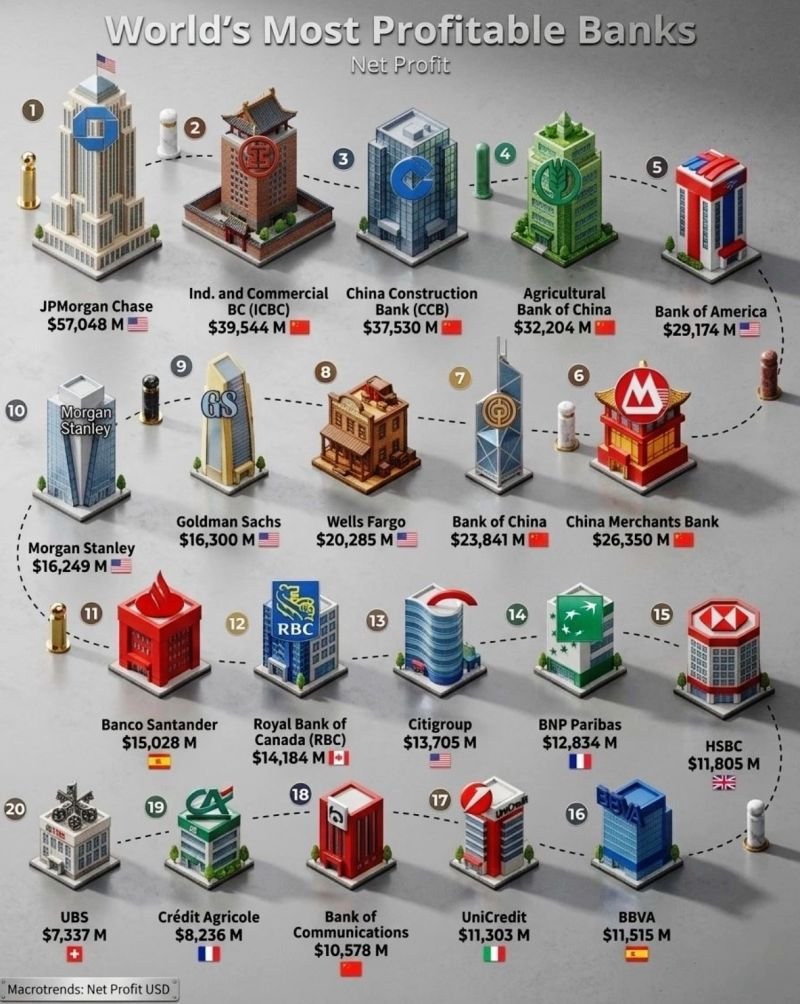 UdisView's tweet photo. Global banking power is concentrating fast.

JPMorgan: ( $JPM ) ~$57B net profit.
ICBC, CCB, AgBank, Bank of China: right behind.

Two distinct models are winning:

1. The Universal Bank (Diversified private engines)
2. The Sovereign-Linked Giant (Deep domestic credit & state ecosystems)

Different structures, same outcome: scale dominates.

But the next phase won't just reward the biggest. It will reward the institutions that successfully combine:

→ Strong deposit franchises
→ Extreme risk discipline across cycles
→ AI-driven efficiency & analytics
→ Trusted institutional relationships

The question isn't who is the most profitable today. It's who can convert scale into resilience through rate cycles, credit stress, geopolitical fragmentation, and digital disruption.

In banking, size is the starting point. Strategic advantage is the finish line.

Sources: Macrotrends, JPM public reporting.

#GlobalFinance #BankingStrategy #AMINABANK