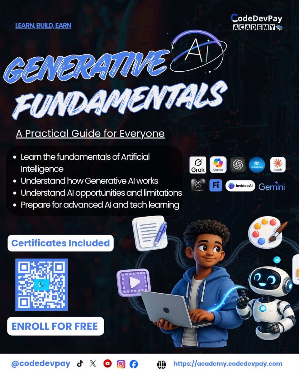 codedevpay's tweet photo. AI literacy is no longer optional.

CodeDevPay Academy is offering Generative AI Fundamentals completely *FREE*, certificate included.

Enroll today 
https://t.co/kKDjYEBPv2

#GenerativeAI #FreeLearning #ArtificialIntelligence #ProfessionalDevelopment #CareerGrowth #CodeDevPay https://t.co/d73mVo64Gt