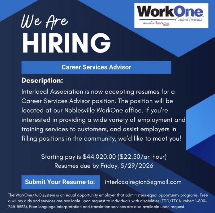 KriHeff's tweet photo. WorkOne/Interlocal Association is hiring a Career Services Advisor for unemployed and underemployed adults. #hiring #jobs #recruiting https://t.co/euuDxMjPyB