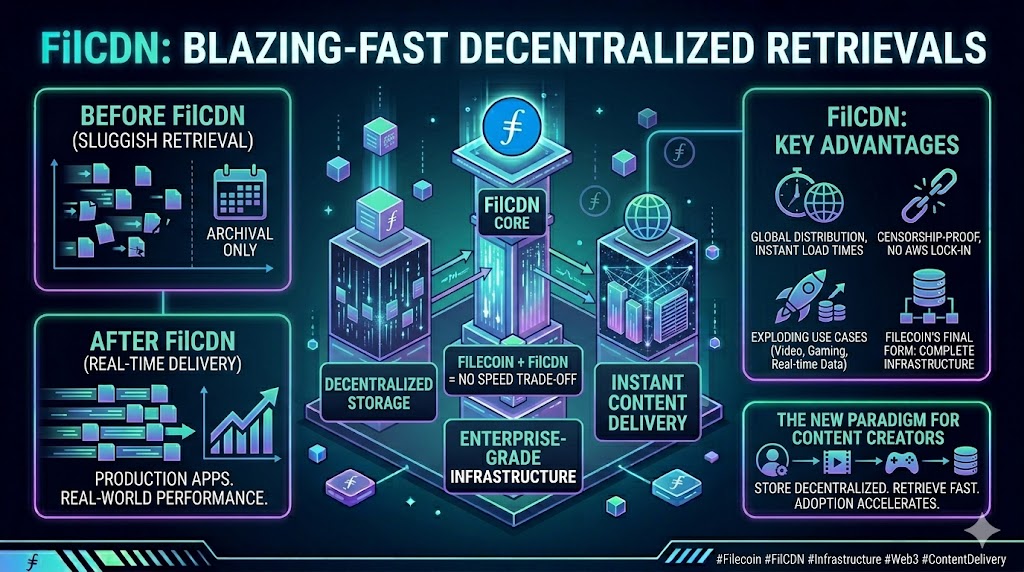 Web3crypt0's tweet photo. FilCDN: A blazing-fast CDN for Filecoin retrievals. Bridge between decentralized storage and instant content delivery. Translation: Filecoin storage no longer trades speed for decentralization. You get both. $FIL #Filecoin #Infrastructure #Web3Future #Web3 #Crypto https://t.co/TRjsV5Rj3S