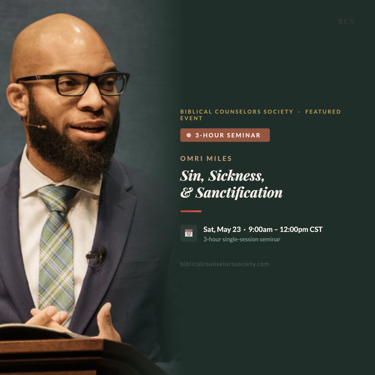 _BCSociety's tweet photo. We are so excited to welcome you to 2 events taking place this week!

First, Dr. Daniel Berger will do a live Q&A on clinically-informed biblical counseling (CIBC), Thursday at 12PM CST. 

This event is a follow up to Dr. Berger's critique of CIBC, and the entire time will be dedicated to your questions. 

Then, on Saturday from 9AM-12PM CST — Omri Miles is teaching a 3-hour seminar entitled: Sin, Sickness, & Sanctification.

It will focus on the relationship between the body and the soul, and why the soul deserves primacy in counseling.

This seminar deals with matters of the utmost importance, and Miles is a faithful guide. 

Don't miss it. 

Join at link in comments.