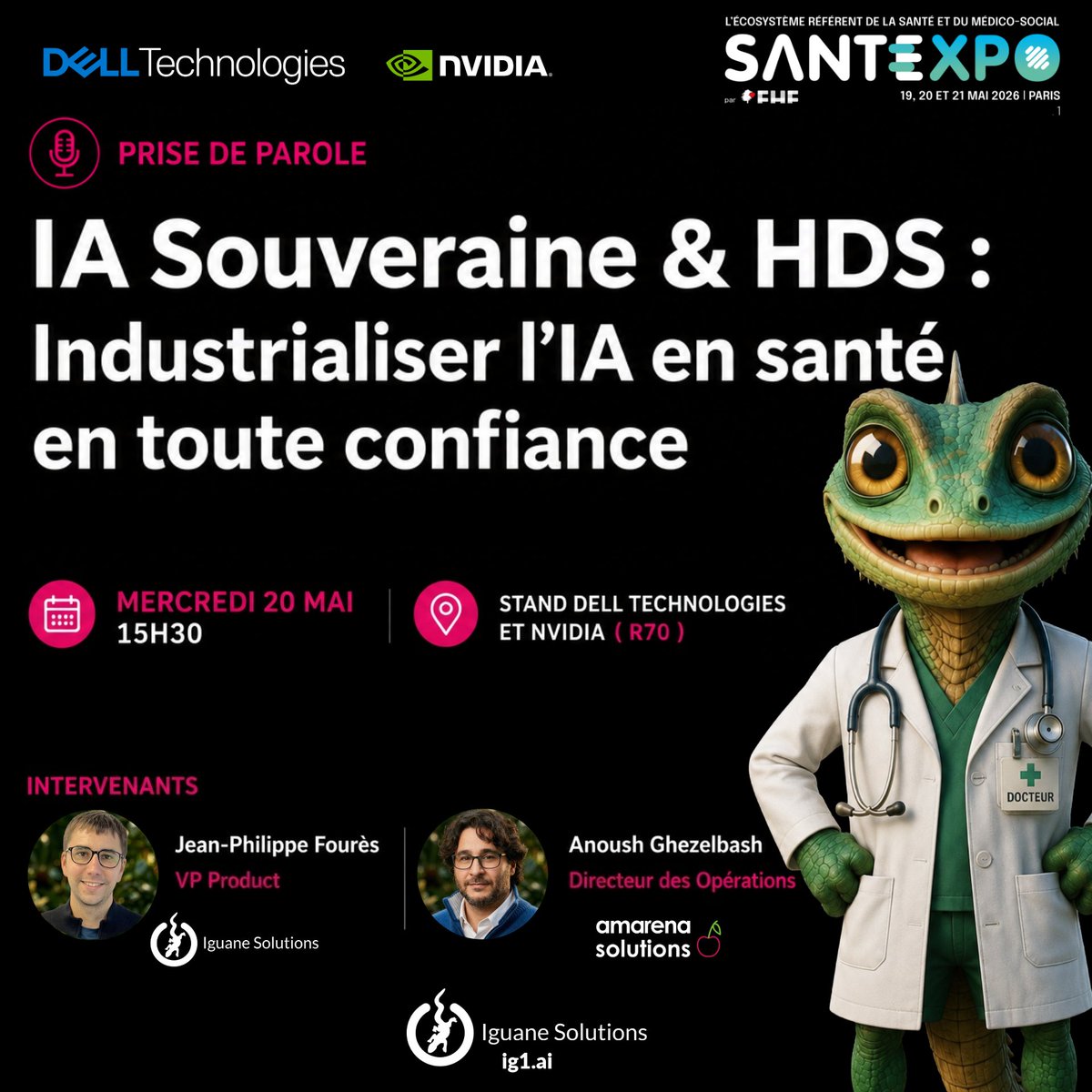 IguaneSolutions's tweet photo. 🏥 𝐋’𝐈𝐀 𝐚𝐮 𝐬𝐞𝐫𝐯𝐢𝐜𝐞 𝐝𝐞 𝐥𝐚 𝐫𝐞𝐜𝐡𝐞𝐫𝐜𝐡𝐞 𝐜𝐥𝐢𝐧𝐢𝐪𝐮𝐞 𝐜𝐚𝐫𝐝𝐢𝐚𝐪𝐮𝐞 !

📍 SantExpo — Stand Dell Technologies & NVIDIA (R70)
📅 Mercredi 20 mai • 15h30

Avec Iguane Solutions & Amarena Solutions, découvrez comment l’IA permet d’automatiser l’analyse :
🫀 des données périopératoires
🩻 de l’imagerie cardiaque
📄 des comptes-rendus médicaux

🎯 Objectif : accélérer les études multicentriques et enrichir les registres nationaux comme EPICARD.

💡 𝐒𝐨𝐮𝐬 𝐥𝐞 𝐜𝐚𝐩𝐨𝐭 𝐝𝐞 𝐜𝐞 𝐩𝐫𝐨𝐣𝐞𝐭 𝐢𝐧𝐧𝐨𝐯𝐚𝐧𝐭 :
🧠 𝐌𝐨𝐝𝐞̀𝐥𝐞𝐬 𝐬𝐮𝐫-𝐦𝐞𝐬𝐮𝐫𝐞 : Une IA spécialisée santé, calibrée par les experts Iguane Solutions.
⚡ 𝐏𝐮𝐢𝐬𝐬𝐚𝐧𝐜𝐞 & 𝐒𝐨𝐮𝐯𝐞𝐫𝐚𝐢𝐧𝐞𝐭𝐞́ : Une infrastructure GPU robuste propulsée par NVIDIA et Dell Technologies.
🔒 𝐒𝐞́𝐜𝐮𝐫𝐢𝐭𝐞́ 𝐦𝐚𝐱𝐢𝐦𝐚𝐥𝐞 : Un hébergement certifié HDS V2 pour protéger vos données sensibles.
🚀 𝐏𝐫𝐞̂𝐭 𝐚̀ 𝐥’𝐞𝐦𝐩𝐥𝐨𝐢 : Une Full Stack IA pensée pour les environnements critiques.

👉 Venez découvrir une IA santé concrète, sécurisée et prête à l’emploi.
#SantExpo2026 #HealthcareAI #HealthTech #IA #NVIDIA #DellTechnologies