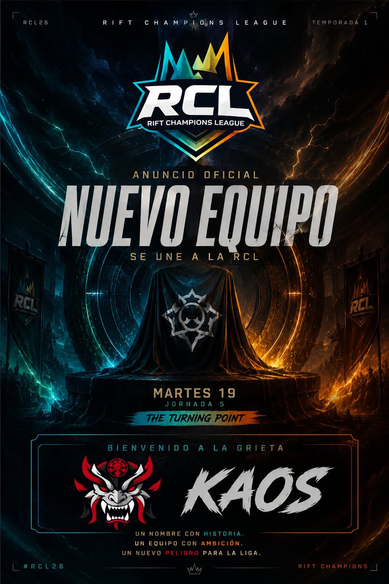 RCL_LoL's tweet photo. ⚠️ UNA NUEVA ERA COMIENZA ⚠️

La grieta cambia y KAOS entra en escena 🔥

Tras la salida de Yamiryukai, KAOS llega para reclamar su lugar en la RCL 👑

⚔️ Jornada 5 — THE TURNING POINT

El caos ya está aquí.

#RCL #RiftChampions https://t.co/aemRAKBeHv