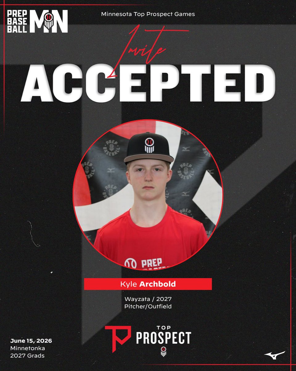 PrepBaseballMN's tweet photo. #𝗠𝗡𝗧𝗣𝗚𝟮𝟲: 𝗜𝗻𝘃𝗶𝘁𝗲 𝗔𝗰𝗰𝗲𝗽𝘁𝗲𝗱 ✅

𝗣𝗿𝗼𝘀𝗽𝗲𝗰𝘁: Kyle Archbold
𝗖𝗹𝗮𝘀𝘀: 2027
𝗛𝗦: Wayzata
𝗣𝗢𝗦: RHP/OF

👤: https://t.co/PxTULpWKEU | @archbold_kyle

𝚁𝚎𝚚𝚞𝚎𝚜𝚝 𝚈𝚘𝚞𝚛 𝙸𝚗𝚟𝚒𝚝𝚎 (𝟸𝟶𝟸𝟽 𝙶𝚛𝚊𝚍𝚜)⤵️
https://t.co/4KCsxloECV https://t.co/VwNrbKPMgV