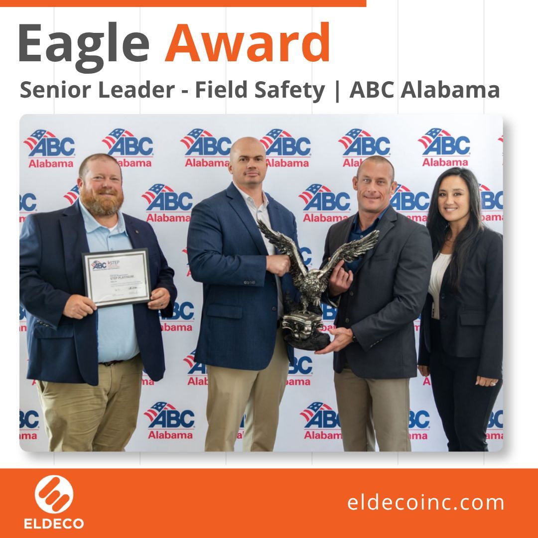 EldecoInc's tweet photo. So proud of our team and the recognition earned recently at the Associated Builders &amp; Contractors of Alabama's Safe Day 2026:  STEP Platinum and an Eagle Award for Senior Leader in Field Safety! #LiveSafeWorkSafe https://t.co/4ZixnBO7H3