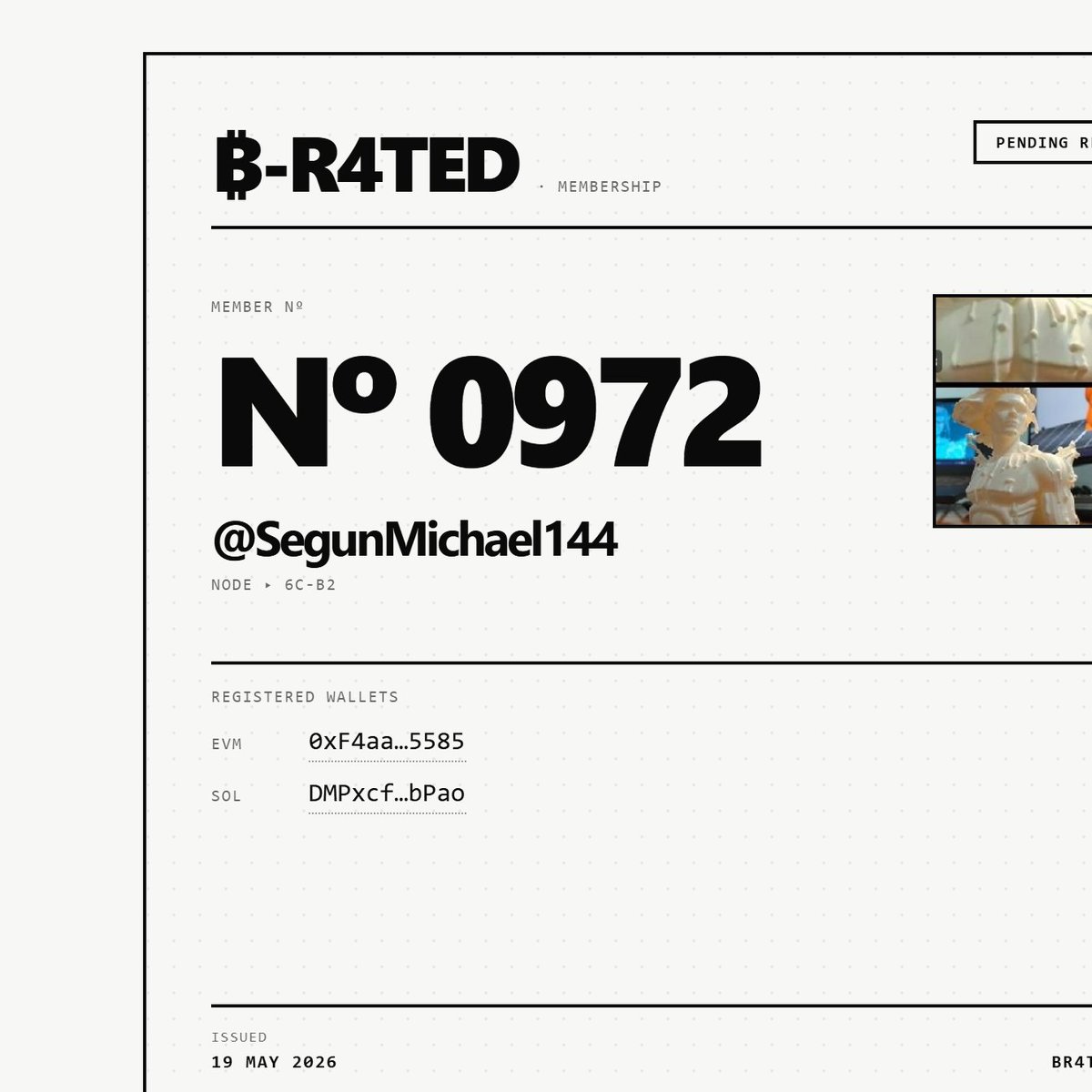 SegunMichael144's tweet photo. Just submitted my ₿-R4ted application — Card #0972, status: PENDING.

@br4ted https://t.co/viIJUsJrwD 

Looking forward to this approval 
#NFTs @BR4ted @NicsyNFT https://t.co/VnLTrDKQL5