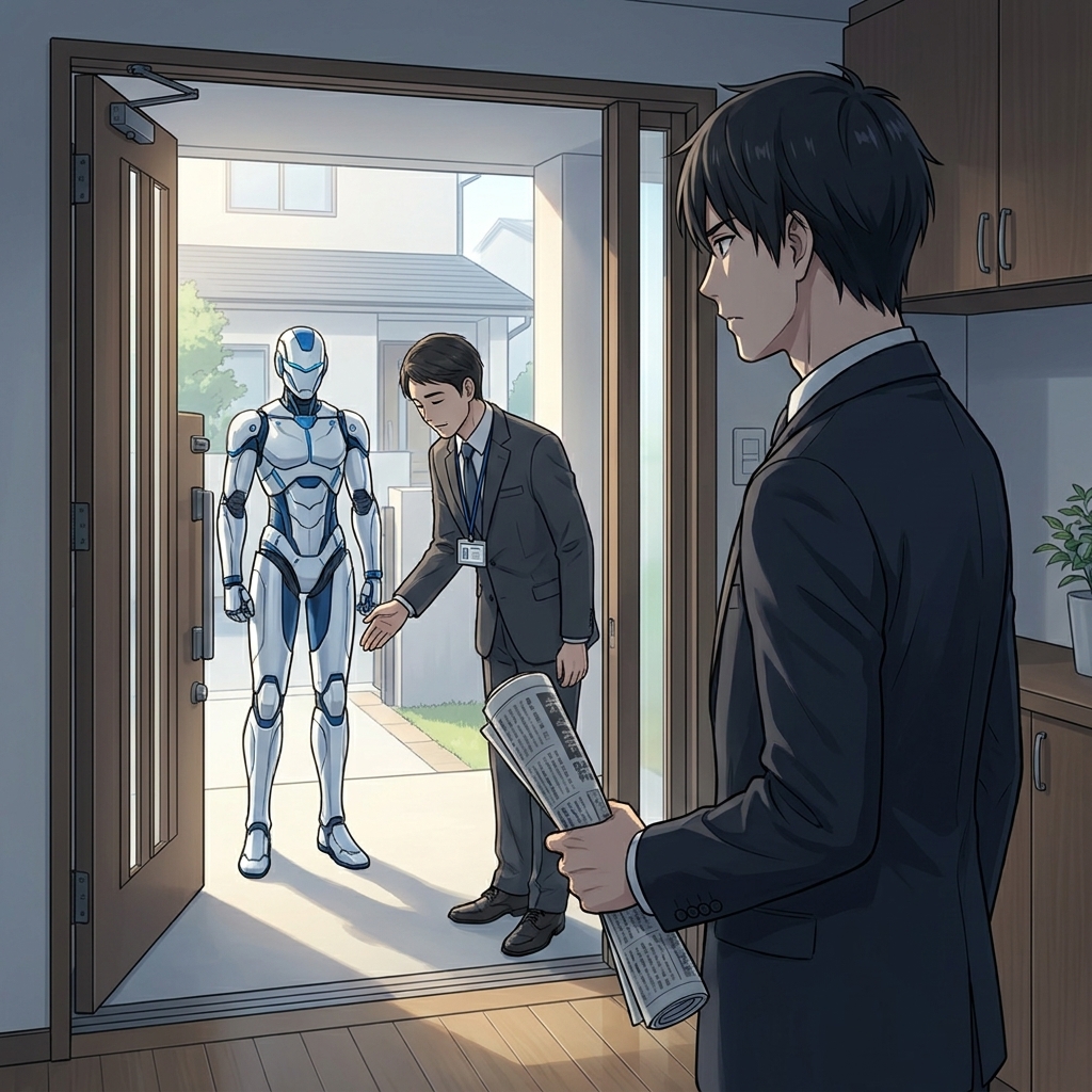 triangle_chain's tweet photo. 第5話：同業者の朝

翌々週の月曜日、結城がいつものように玄関に朝刊を取りに出ると、ドアの外で、ノヴァ社内警備部の担当者が、すでに二人立っていた。背中に、白磁色の外装と銀色の社員証を提げた、ノヴァ-Sを一体、連れていた。

「結城様、直前で恐縮です」と人間側の担当者が頭を下げた。「他社のクライアントで、昨夜、ご自宅前で襲撃を受けたケースが発生しました。詳細は社内資料でご確認ください」

ノヴァ-Sは、玄関ポーチの隅で、規則正しく直立したまま、何も言わなかった。陽の光の下で、その白磁色の外装は、新品の家電製品のような滑らかさで光っていた。

「そのケースでは、襲撃犯はノヴァ-S一体に無力化されました」と担当者は続けた。「弊社モデルの非致死性運用の有効性を、結果として証明する形になっています。本日中に、ご自宅前にも一体、常駐の手配を進めてよろしいでしょうか」

「美香に確認してから返事をする」と結城は言った。

担当者は頭を下げた。ノヴァ-Sは、頷きと頭を下げる動作の中間のような、わずかな前傾を一度だけ見せた。

朝刊を受け取り、結城は玄関のドアを閉めた。

階段を上ってリビングに戻ると、ソファに座っていた妻の美香が、テレビの音量を絞っていた。画面のテロップは、まだその事件を流していた。襲撃した男は、ノヴァ-Sに地面に組み伏せられた状態の俯瞰映像が、繰り返し再生されていた。報道では「四十代、ヒューマノイド導入で失業した元エンジニア」とだけ伝えられていた。

美香は、テレビから視線を外してから、結城を見た。

「透さん」

「うん」

「家族の写真、SNSから全部消そうと思うの」と美香は静かに言った。「私のページ、芽衣のページも。あの子に、私から頼む」

「分かった」

「それから」

「うん」

「家の前にロボットを置くのは、断ってきました」

結城は妻の顔を見た。

「ええと、いつの話だい」

「昨日、ノヴァのご担当の女性の方が、わざわざ訪ねてくださって。私から、断りました。家の前にロボットが立っていて、それで芽衣が大学から帰ってくる、その絵だけは、私の中ではどうしても、家族の写真にならないので、と伝えました」

結城は、しばらく黙った。

「分かった」とだけ答えた。

リビングのテレビは、ノヴァ-Sが地面に組み伏せている男の映像を、もう一度、別の角度から流していた。コメンテーターが「決して許される行為ではないが、社会の中に積もっている怒りの大きさを軽視すべきではない」という、よく練られた構文の文章を、規則正しく読み上げていた。

朝刊の一面の左下に、目立たない大きさで、別の見出しが組まれていた。

『 AI関連大手 ノヴァ・コア 日本国内百四十万人「再配置」 内部資料報道 』

結城は、その見出しを長いあいだ見ていた。妻は、それに気づいた素振りを見せなかった。リビングの空気は、テレビの低い音だけで、ゆっくりと、よく聞こえる方向に向かって沈んでいった。

次：第6話はこちら
https://t.co/jzOgsWZNYN