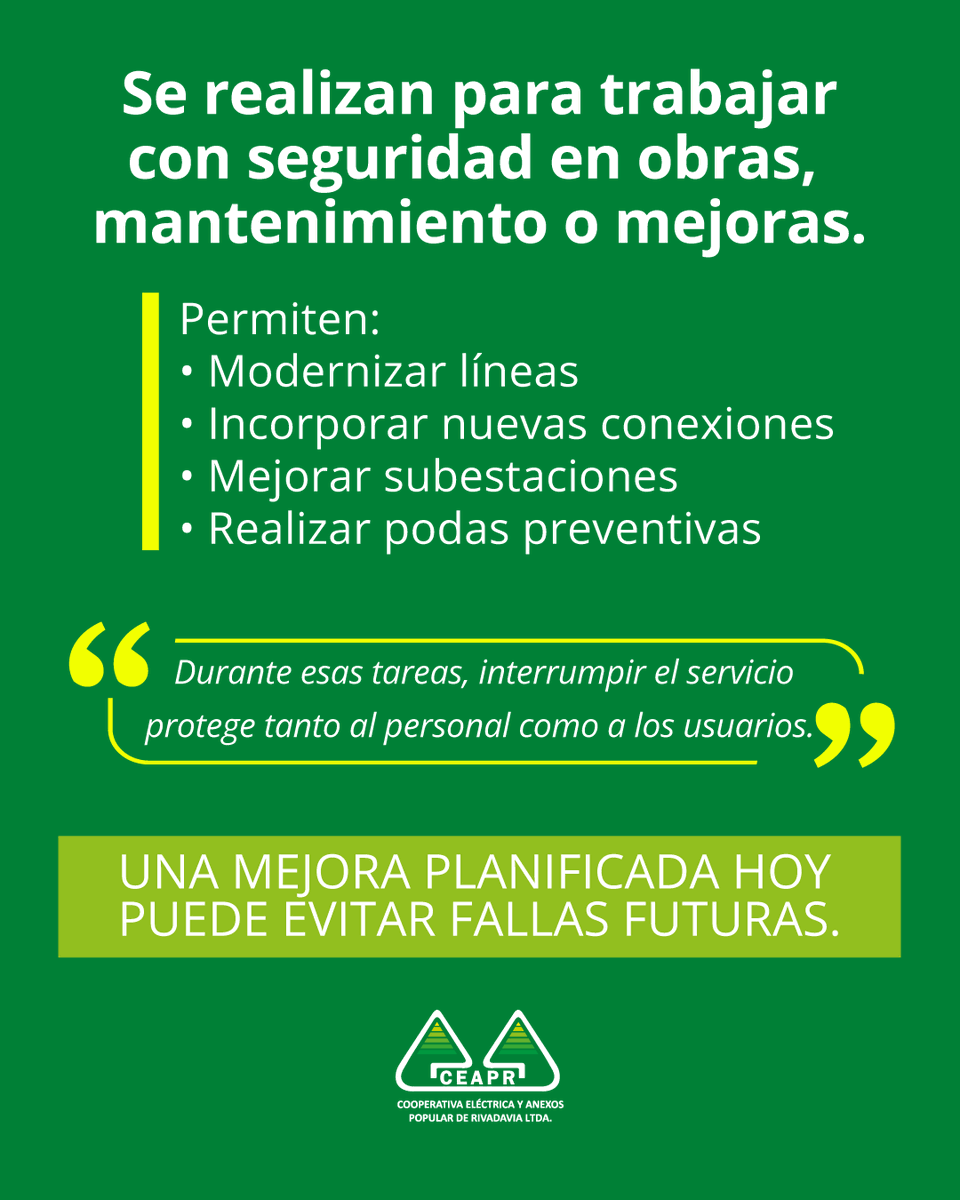 CEAPRltda's tweet photo. ⚡ Los cortes programados permiten realizar mejoras y mantenimiento seguro.
Planificar también es prevenir. https://t.co/iYFAktlA09