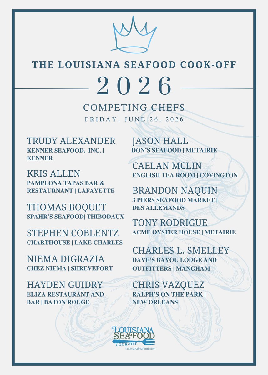 LouisianaLtGov's tweet photo. We are proud to announce the chefs who will be competing in the 2026 Louisiana Seafood Cook-Off! 🎉

I'm excited to welcome these 12 outstanding chefs, each bringing their own unique Louisiana flair to the table.

For more info and to buy tickets, visit https://t.co/afburRyjey. https://t.co/ZSl5jcFTkE