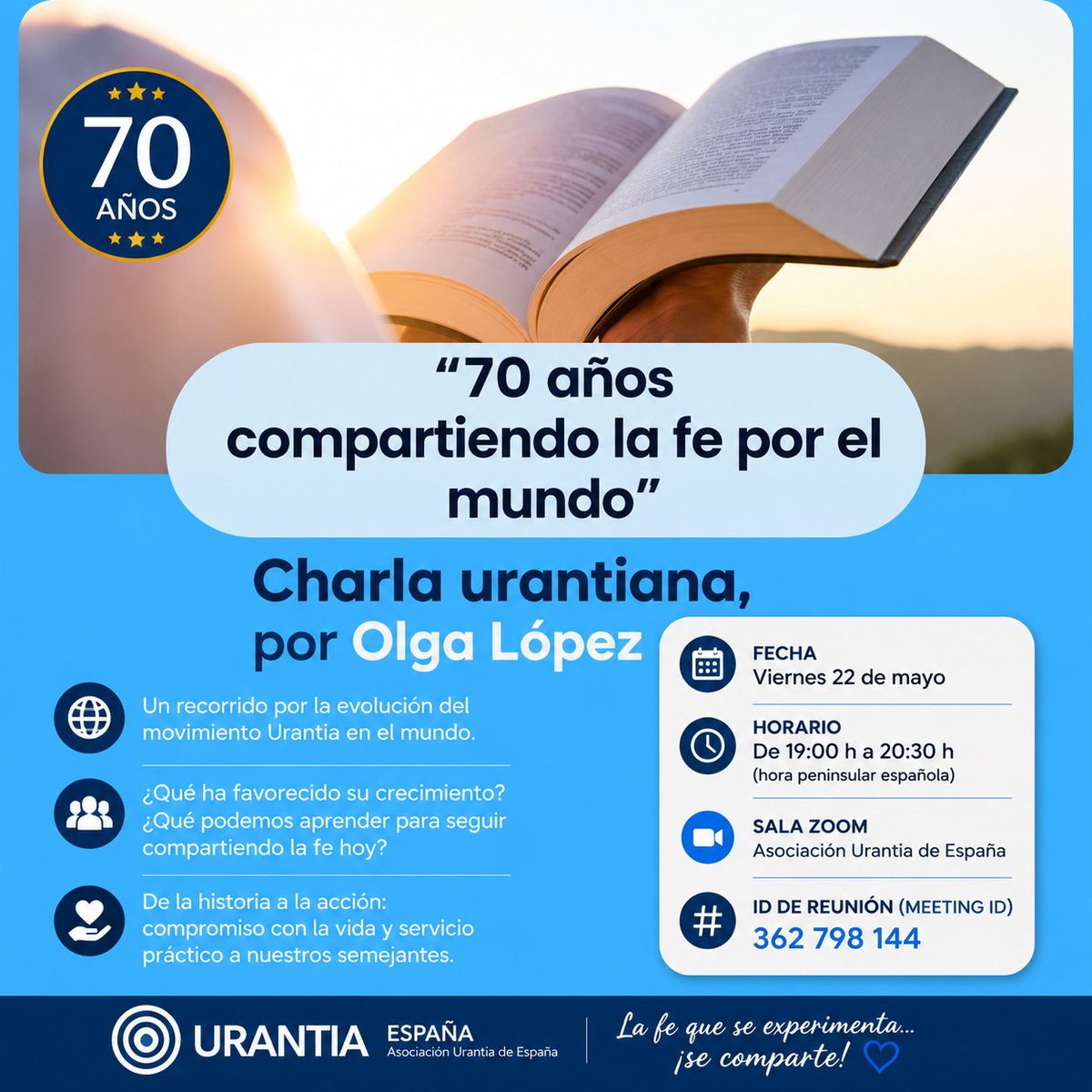 urantiaesp's tweet photo. ¿Cómo ha logrado expandirse el mensaje del Libro de Urantia por el mundo durante estos últimos 70 años?
El próximo 22 de mayo, Olga López compartirá una presentación especial basada en su intervención en el XXII Encuentro Nacional de Lectores de Gandía 2026. https://t.co/eRSk7mfoa0