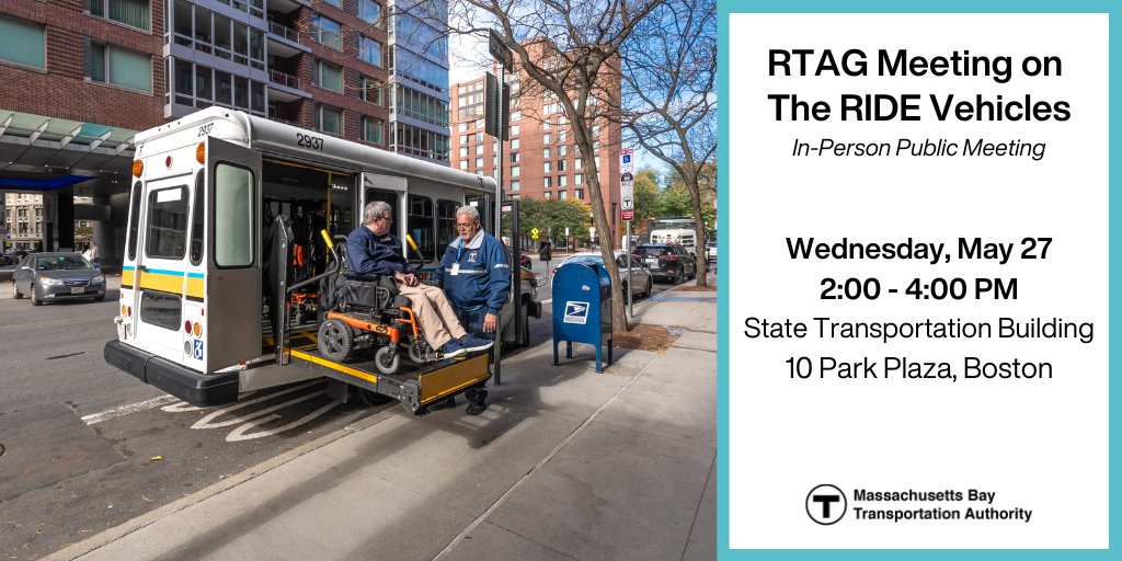 MBTA's tweet photo. Help us improve paratransit service at a RTAG meeting on The RIDE vehicles. The in-person event will be hands-on with actual RIDE vehicles to gather input & enhance #TAccess:
🗓️May 27
⏰2:00-4:00 PM
📍State Transportation Building - 10 Park Plaza, Boston
ℹ️https://t.co/qXLYgQm0RA https://t.co/fcDDyGFL3h