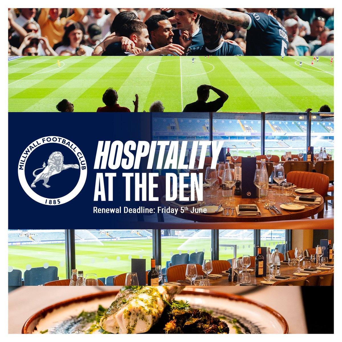 MillwallTickets's tweet photo. 🥂 Just one week remaining to get your 2026/27 hospitality season tickets at the Early Bird price.

Contact the commercial team via email at commercialsales@millwallfc.co.uk or via telephone on 0207 740 0501 today to get yours.