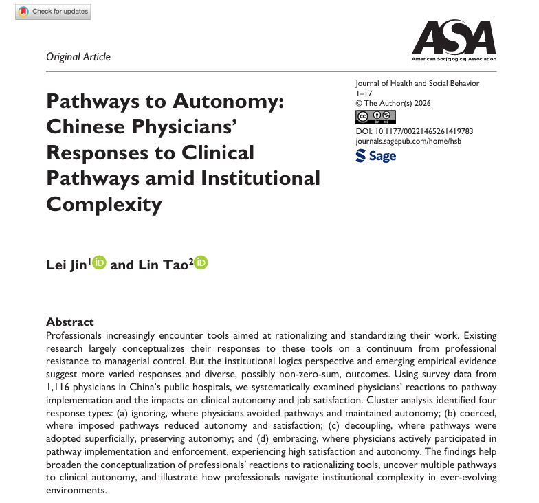 JofHSB's tweet photo. #NewPublication studies physicians’ reactions to tools aimed at rationalizing and standardizing their work, exploring the impacts on their clinical autonomy and job satisfaction: https://t.co/ZjhwMw5v8l
By Lei Jin &amp; Lin Tao

@CUHKofficial @PKU1898 @ASAMedSoc https://t.co/PC13nvesgd