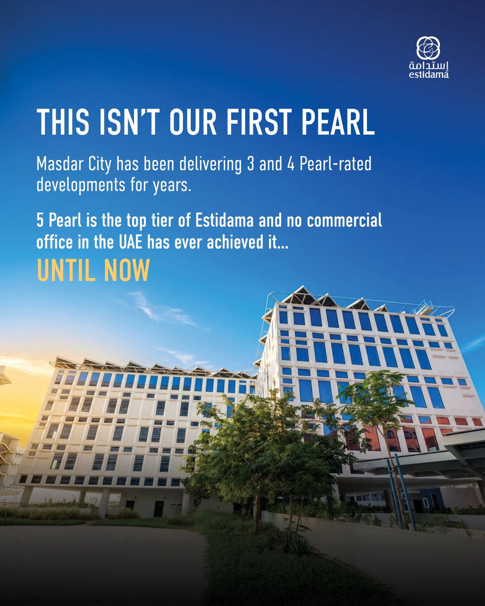 MasdarCity's tweet photo. Masdar City achieves the UAE’s first-ever 5 Pearl Estidama rating for a commercial office development 🌍

Another step forward in shaping smarter, more sustainable communities for the future. https://t.co/9F0aZ24p0F