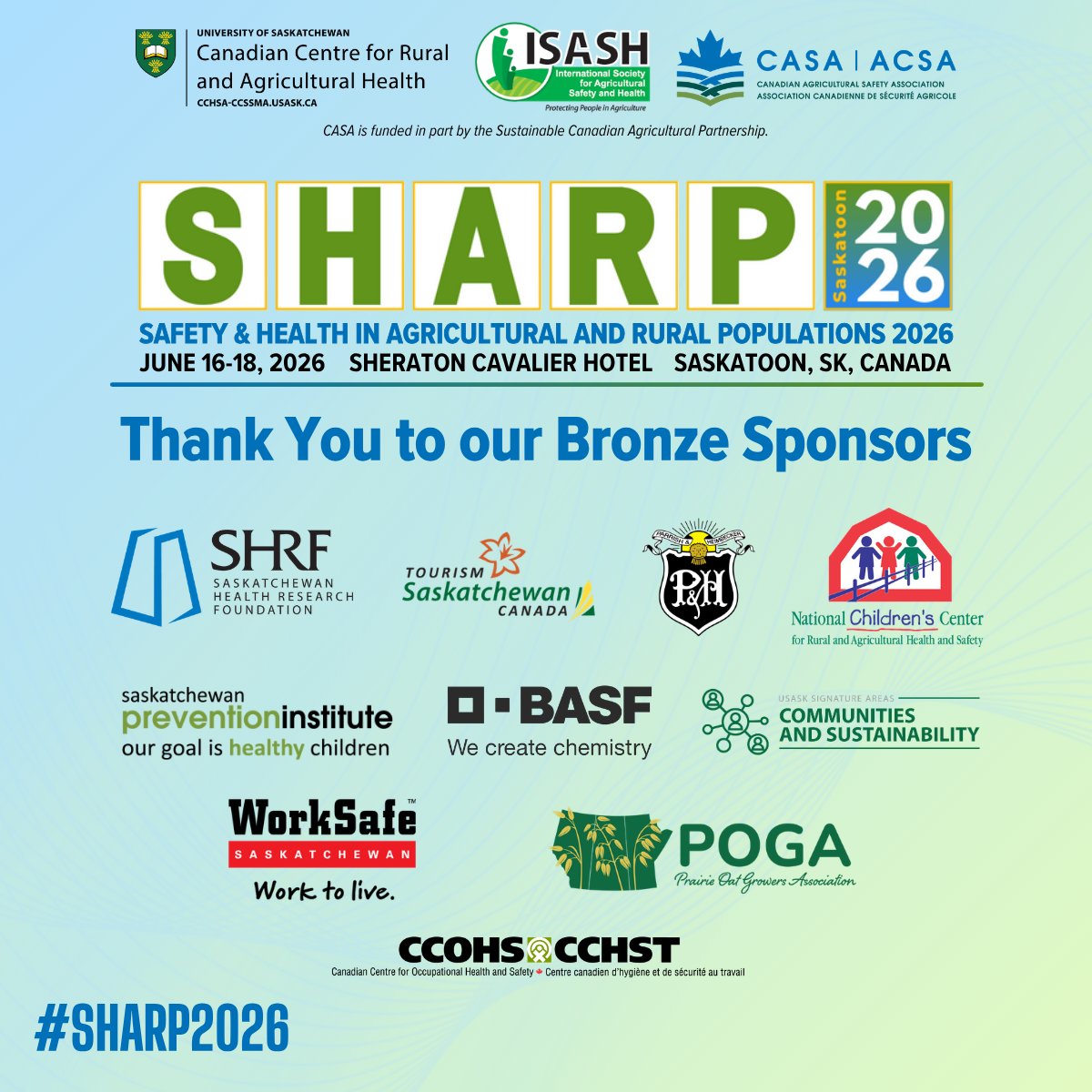 USaskCCRAH's tweet photo. Thank you to the Bronze Sponsors of SHARP 2026!

@_SHRF_ | @Saskatchewan | @ParrishHeimbeck | @NCCRAHS | @SKPrevention1 | @BASFAgSolutions | @usask Communities and Sustainability Signature Area | @worksafesask | @OatGrowers | @CCOHS

Learn more &amp; register: https://t.co/SLGIQ2HKLK https://t.co/dKvJnaJ2et