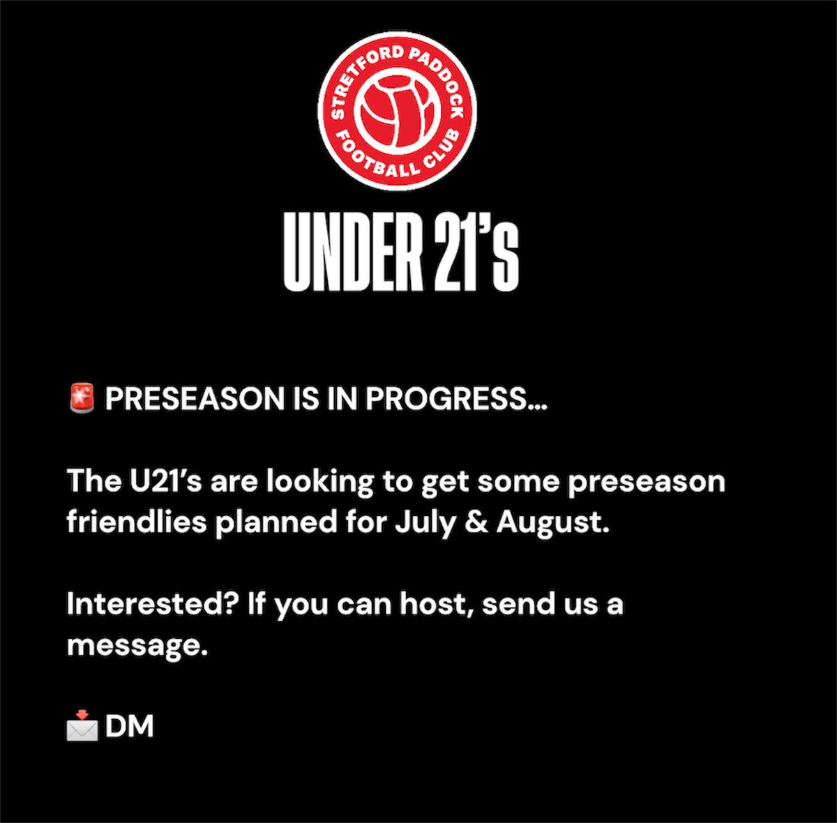 PaddockU21's tweet photo. The U21’s are looking to arrange preseason friendlies ahead of the 2026/27 season.

Please get in touch if you’re interested. 

@CheshireFL @northwestu21 @LancsFriendlies @THEMCRFL @lancsamleague

#StretfordPaddockU21 #Preseason2026 #friendly #getinvolved https://t.co/x4fCTNRd3Q