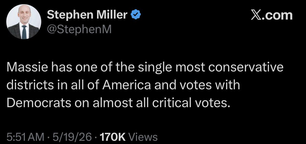 MeidasTouch's tweet photo. So strange. Thomas Massie votes with Republicans 91% of the time. The few times he breaks with them are usually over excessive spending bills, foreign aid, and war powers resolutions.

And then there was the cardinal sin: pushing for the release of the Epstein files.

These are all issues MAGA claimed to care about—until Donald Trump decided to abandon many of the very positions he campaigned on.

In many ways, Massie is more aligned with the principles MAGA once said it stood for than Trump himself.

And they hate him for it.