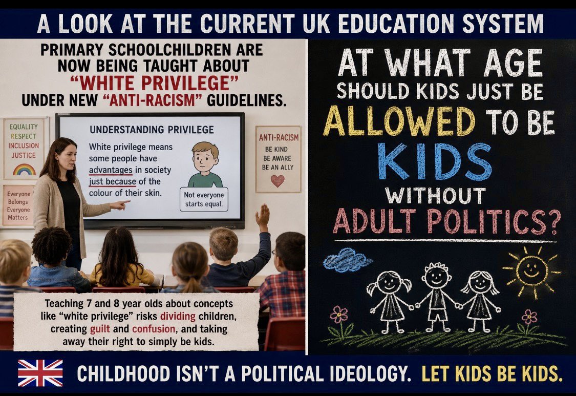 1981Descartes's tweet photo. @Rothmus Teaching 7-year-old children that they are inherently "privileged" or guilty based on their race isn't education—it's indoctrination.
Why are schools focusing on dividing kids instead of bringing them together?
#ParentPower #SaveOurSchools #WhitePrivilege #UKPolitics https://t.co/7g1Msxyncf