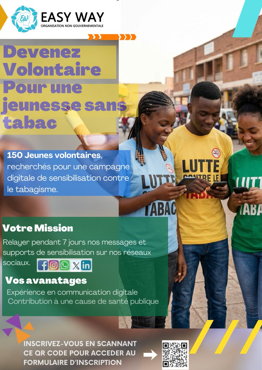 EasyWayONG1's tweet photo. EASY WAY lance une campagne digitale pour mobiliser la jeunesse contre le tabagisme et promouvoir un mode de vie sain. Rejoignez-nous et devenez un acteur du changement en s’enregistrant sur le lien suivant : https://t.co/EMi94JDqAw

#JournéeMondialeSansTabac. #StopTabac https://t.co/qrnxZOXg7G