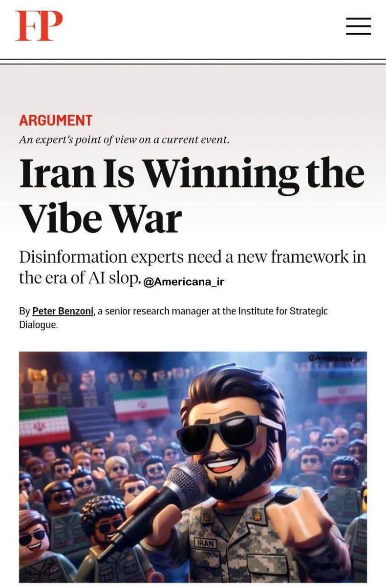 AzadehSch's tweet photo. «ایران ستاره اصلی اینترنت شد»!

مجله فارن‌پالسی می‌گه ایران در «جنگ وایب» غافلگیرکننده برنده شده؛ از دولت منزوی، رسیده به ترندِ فضای مجازی با ویدیوهای رپ لگویی، پست‌های طنز سفارتخانه‌ها و محتوای خلاقانه AI. https://t.co/RGNFfbRyoA