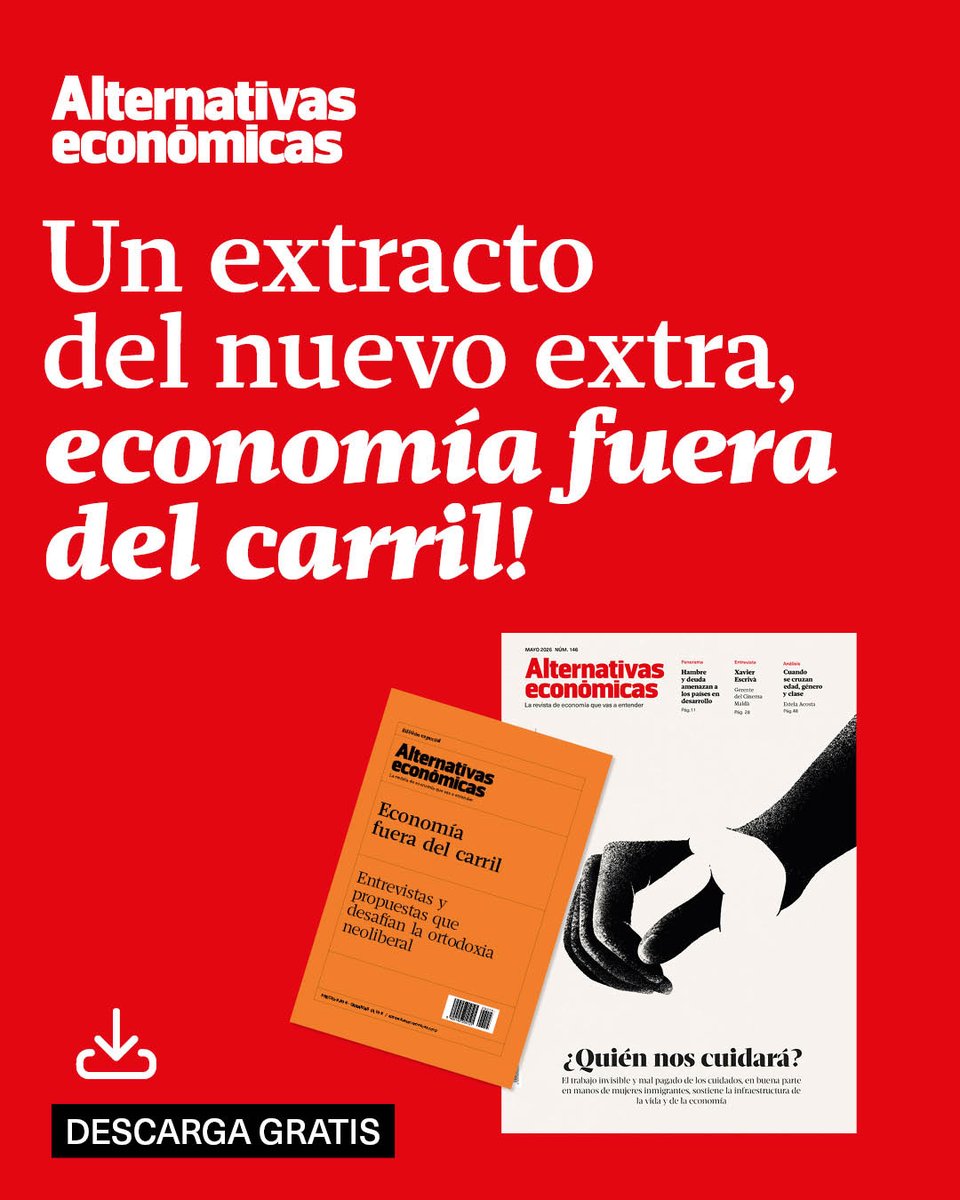 concoval's tweet photo. Desde nuestra mirada comprometida con la economía social, la sostenibilidad y los cuidados, compartimos el nuevo Extra de la cooperativa Alternativas económicas: Economía fuera del carril.

Un monográfico que rompe con la visión única de la economía, explorando enfoques marxista, ecológico, feminista y del bien común, además de experiencias reales de economía social y políticas monetarias alternativas que ya funcionan en distintos países.

📥 Descarga GRATIS un extracto amplio y descubre cómo estas propuestas ponen a las personas y al planeta en el centro ➡️ https://t.co/C1fJkdO7jp

Y recuerda: si te suscribes este mes, tendrás este Extra incluido en tu suscripción.

#EconomíaSocial #EconomíaSostenible #PeriodismoIndependiente #AlternativasEconómicas #EconomíaFueraDelCarril