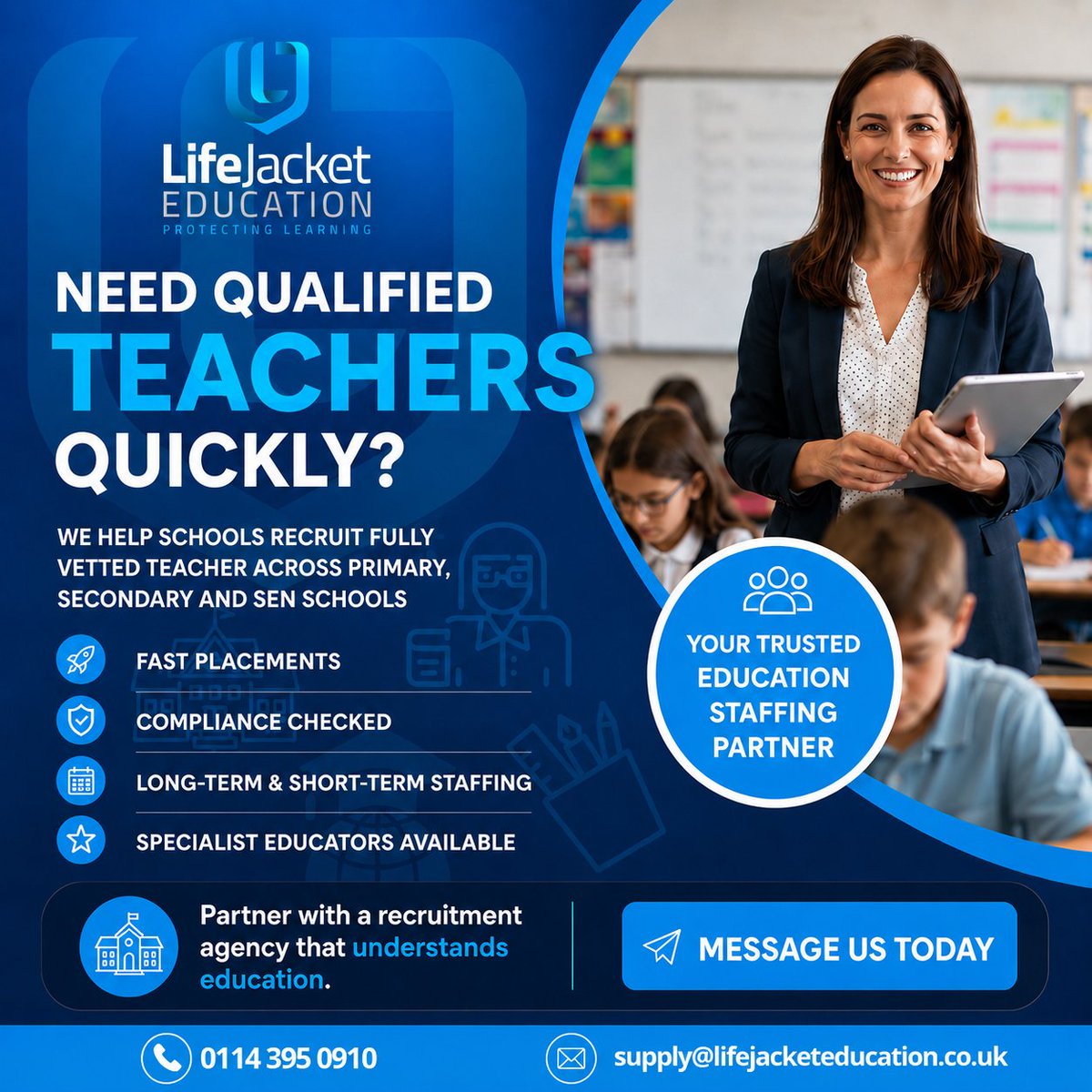 lifejacketgroup's tweet photo. At Life Jacket Education, we help schools recruit fully vetted, high-quality teachers across:
✔ Primary
✔ Secondary
✔ SEN

Consistency, quality teaching, and the right support — we’re here to help make that happen.

📩 Contact us today to discuss your staffing needs. https://t.co/rb8OdMVaPJ