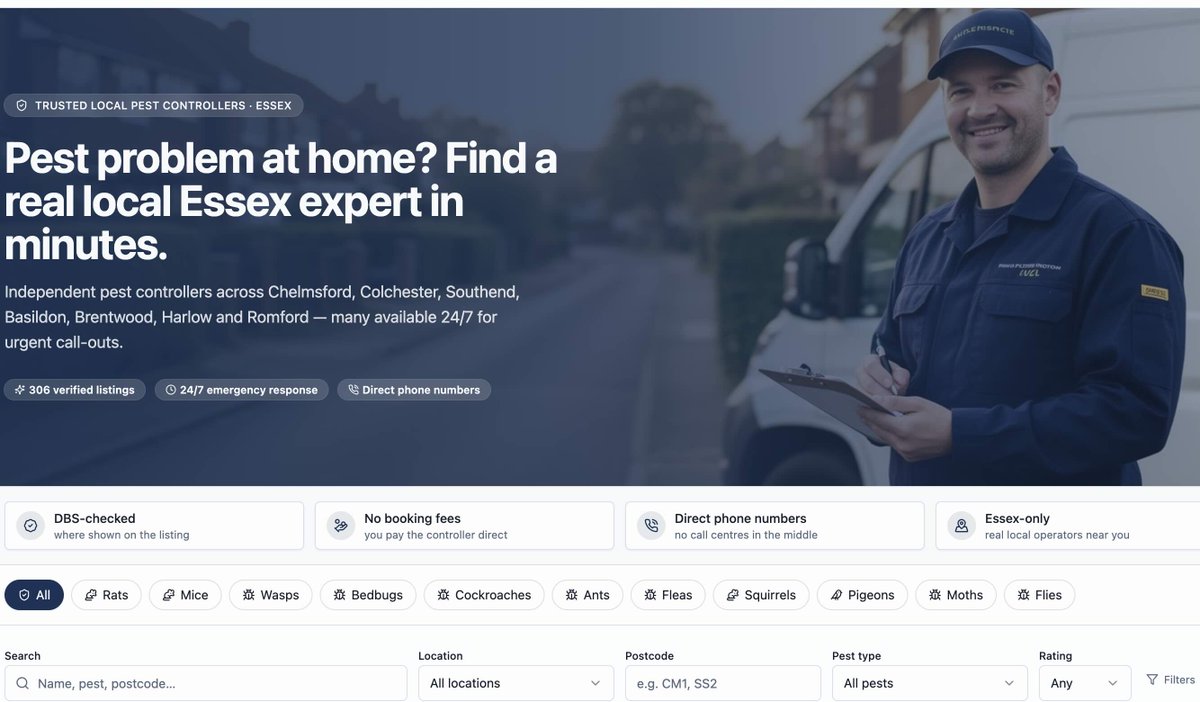 EnergySectorUK's tweet photo. Pest problem at home? Find a real local Essex expert in minutes.
Independent pest controllers across Chelmsford, Colchester, Southend, Basildon, Brentwood, Harlow and Romford — many available 24/7 for urgent call-outs. #Southend #Basildon #Brentwood #Harlow https://t.co/PSlDSoItYA