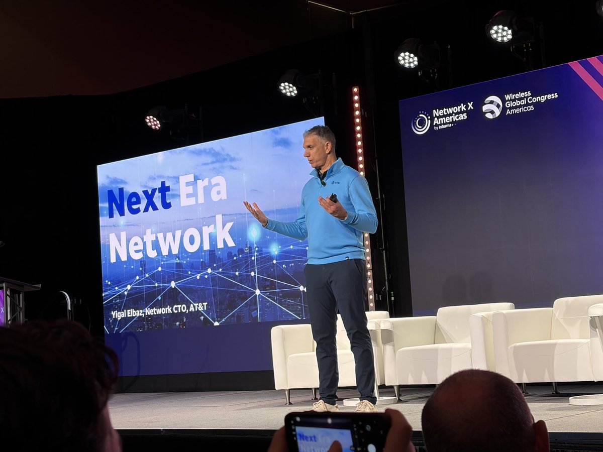 mikeddano's tweet photo. AT&amp;T's Yigal Elbaz is all about AI during his keynote here at #NetworkX in Dallas. He said AT&amp;T isn't seeing any major extra traffic from AI… yet https://t.co/Ku0TSYt5A9