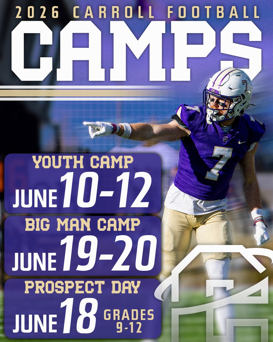 FootballCarroll's tweet photo. 🏈Summer camps are right around the corner🏈 Come learn and compete with the Carroll coaches and players!

Youth Camp(Grades 1-8)-June 10-12th
Prospect Camp(Grades 9-12)-June 18th
Big Man Camp(Grades 9-12)-June 19-20th

Follow the link to register:
https://t.co/nOteHYn3xo https://t.co/MoeoQlDHQ5
