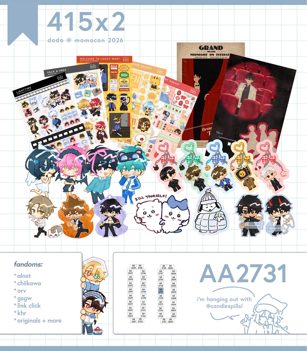 415x2's tweet photo. my catalogue for momocon! find me at aa2731 with candlespills. i made a bunch of new stuff this time: alnst, orv, gsgw, link click + more, hope to see you there! #momocon2026 https://t.co/x6nGE9AKea