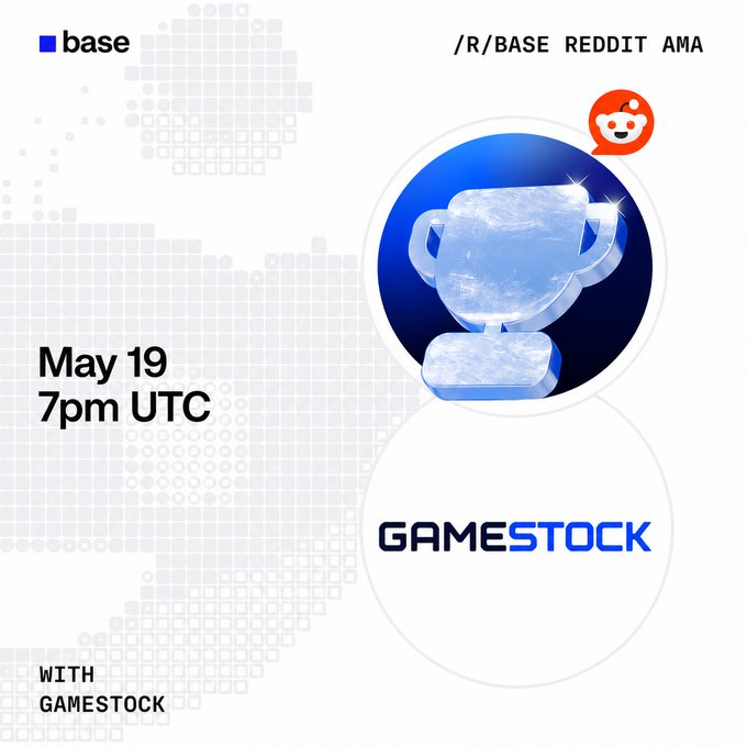BaseDavee's tweet photo. New r/BASE Founder AMA tomorrow 👀
@GameStockHQ joins to talk trading tournaments, product design, and building on @Base.
May 19 — 7 PM UTC
Drop your questions early. https://t.co/HqFEuMhaN6