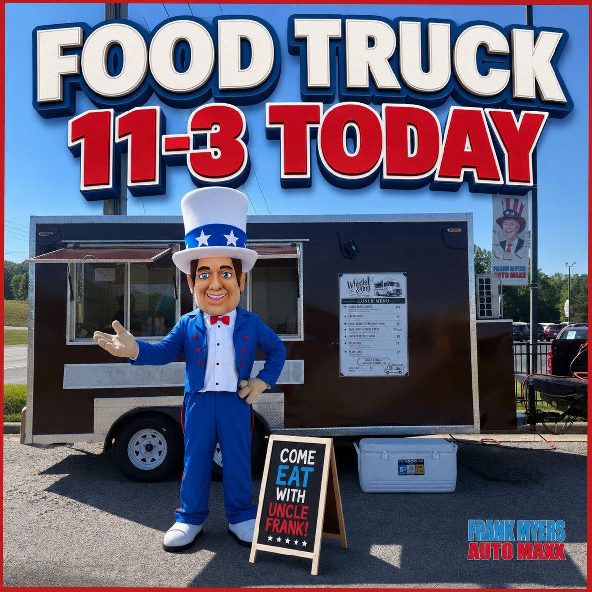 MyersAuto's tweet photo. TACO TUESDAY at Frank Myers Auto Maxx TODAY! 🌮🔥

The food truck is here from 11AM–3PM serving up lunch… and if you buy a vehicle during that time, WE’LL BUY YOUR LUNCH! 👏

Come hungry.
Leave happy.
Maybe even drive home in something new. 😎 https://t.co/RNoNsXQ0Qi