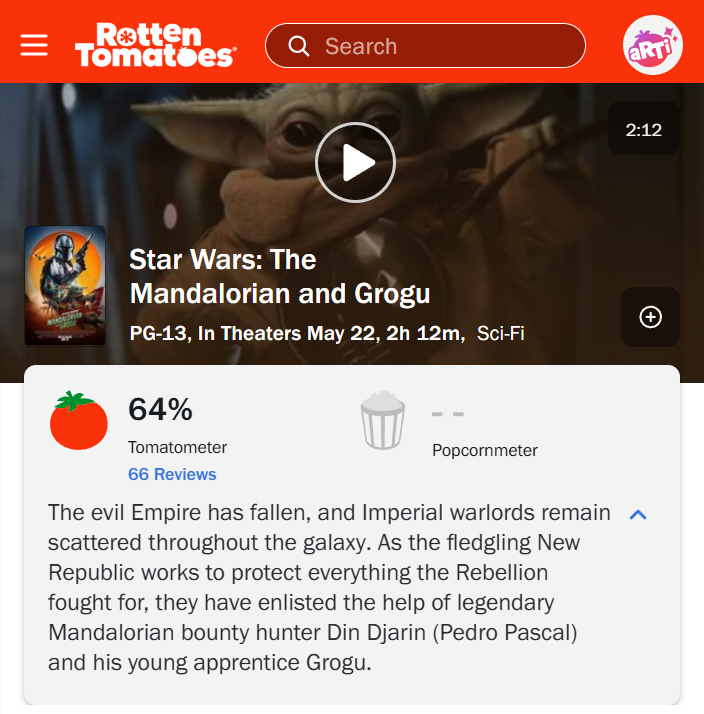 sithpedi's tweet photo. 7 yıl sonra çıkan ilk Star Wars filmi olan Mandalorian ve Grogu filmi Rotten Tomatoes'da %58 ile açılış yaptı ve şu an %64'te. https://t.co/oF3kcyeBNa