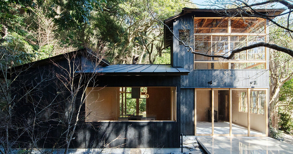 tatamispaces's tweet photo. Yuji Okitsu arrived at this 90-year-old house in Kamakura to find only the pillars. Floors, walls, and ceilings had been stripped out — just exposed wooden posts standing among the hillside trees.

He left them visible. The renovation preserves the original framework rather than concealing it. Foundation stones were restored. Window frames were restored. The exterior is clad in yakisugi — charred cedar boards — to mark the difference between old structure and new intervention without hiding either one.

The annex now functions as an atelier: a space for the clients to host artists and culinary experiments.

📷 designboom / Yuji Okitsu