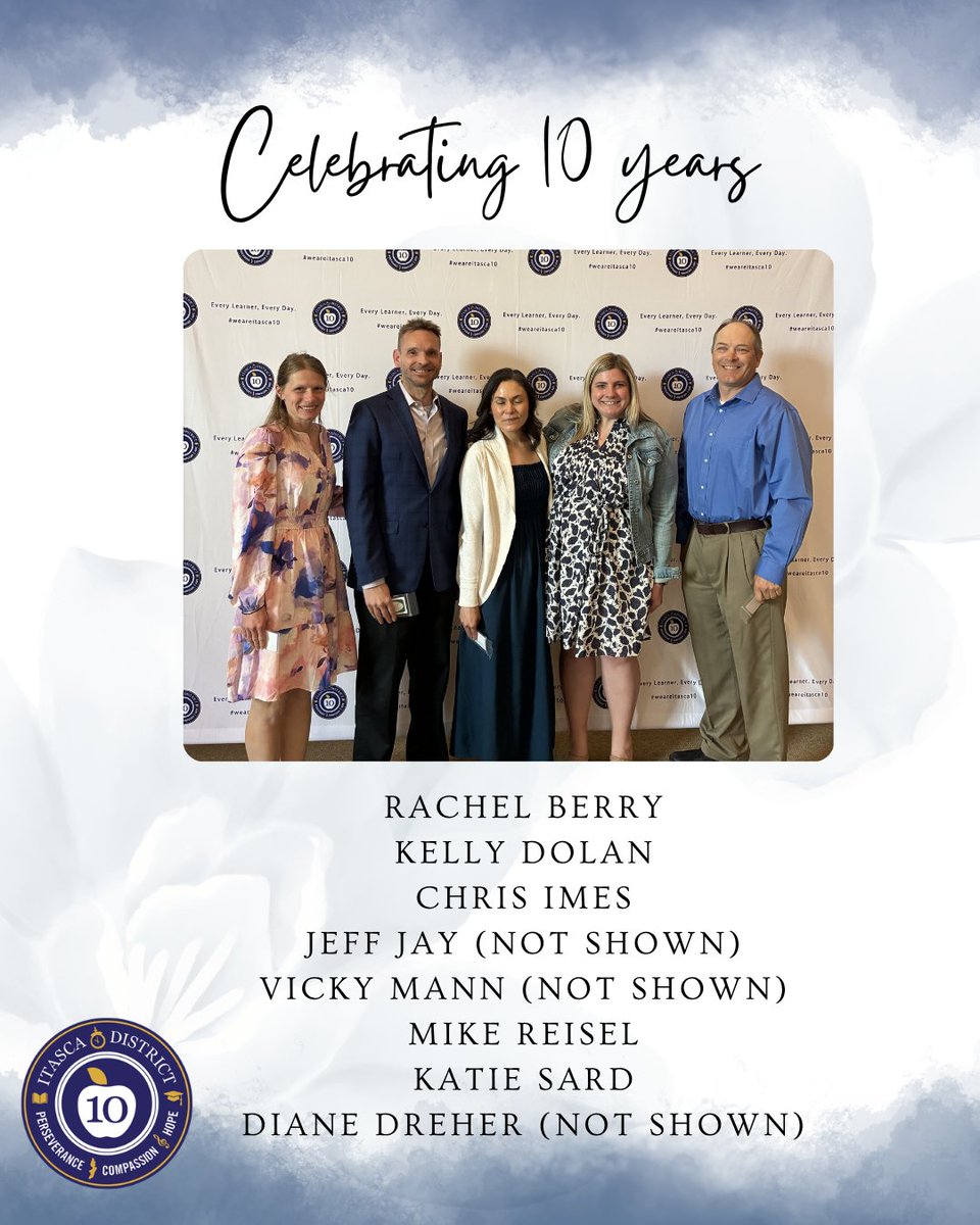 d10itasca's tweet photo. We’re continuing our District 10 Milestone Service Staff Series by recognizing team members celebrating 10 years of service.

Please join us in congratulating:

• Rachel Berry (Benson, Franzen)
• Kelly Dolan (Peacock)
• Chris Imes (Benson, Franzen)
• Jeff Jay (Franzen)
• Vicky Mann (District 10)
• Mike Reisel (Peacock)
• Katie Sard (Franzen)
• Diane Dreher (Franzen)

Thank you for your continued dedication, hard work, and commitment to District 10. Your contributions help support our students, schools, and community every day. 🎉👏⭐

#WeAreItasca10