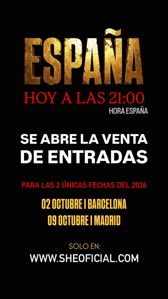 SHEOFICIAL's tweet photo. Hoy a las 21:00 inicia la venta de entradas para las dos únicas fechas que dará SHE en el 2026.

02 OCT I BARCELONA I SALA RAZZMATAZZ2
09 OCT I MADRID I LA SALA MOVISTAR ARENA

Entradas exclusivamente en:

https://t.co/LbQnv5DCrH https://t.co/Bgu9FdVMDh