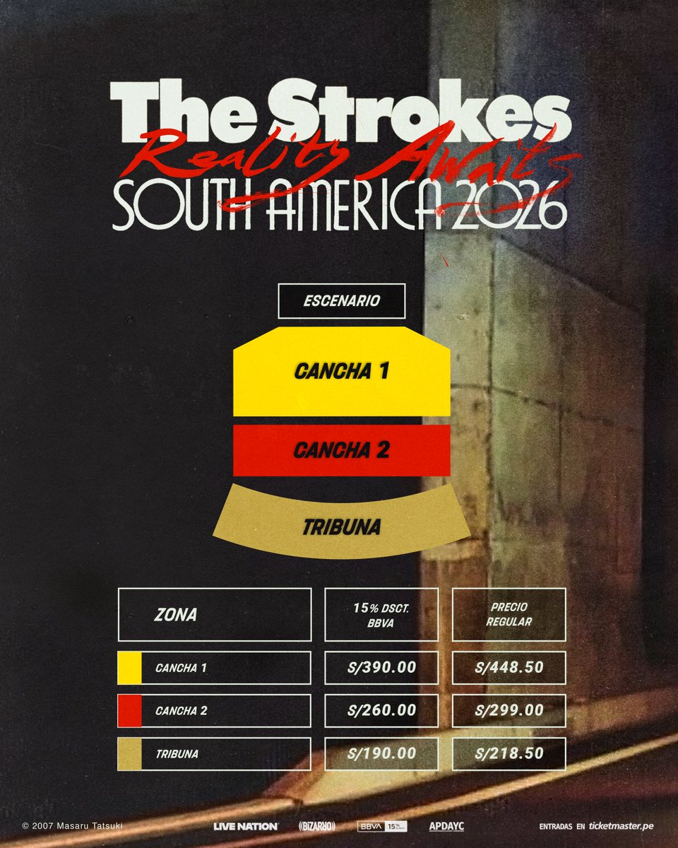 livenationperu's tweet photo. 📣 @thestrokes llegará este 20 de noviembre al Estadio San Marcos como parte de su gira “Reality Awaits”. 

​ Banda soporte: @futureislands 

🎟️ Preventa BBVA 15% dscto: miércoles 20 de mayo – 10 a.m. en @ticketmasterpe​
🎟️ Venta General: viernes 22 de mayo – 10 a.m. en @ticketmasterpe