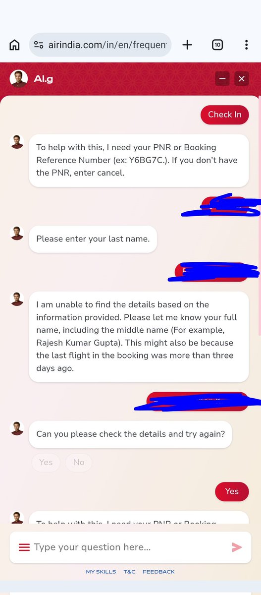 guruparan004's tweet photo. @AAI_Official then when I checked with the AI chatbot for checkin, after a series of messages it is replying that "Can you please check the details and try again?", when I checked and tried again the same list of messages is repeating. https://t.co/I6wbREIKQa