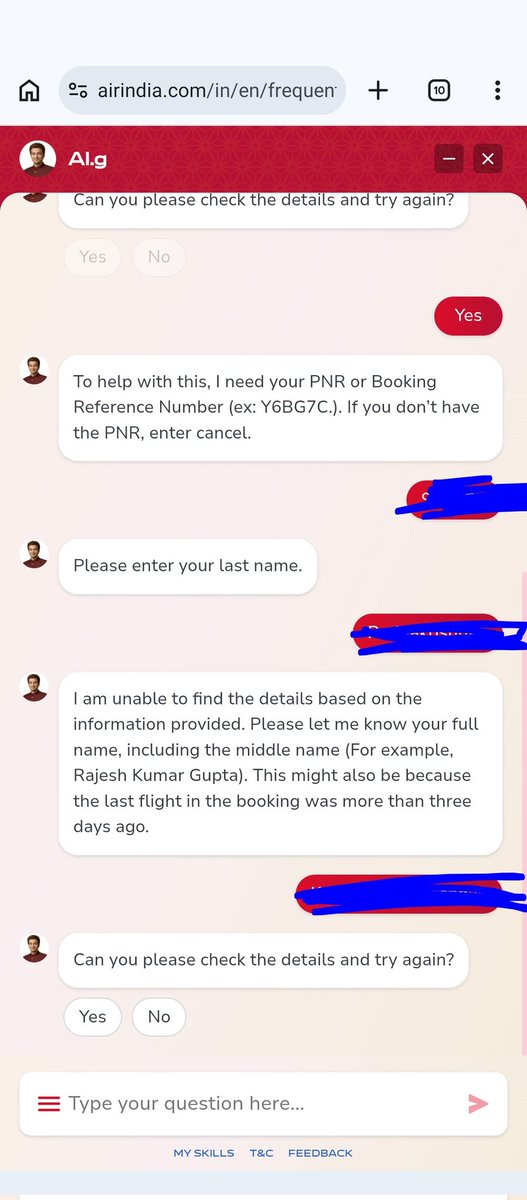 guruparan004's tweet photo. @AAI_Official then when I checked with the AI chatbot for checkin, after a series of messages it is replying that "Can you please check the details and try again?", when I checked and tried again the same list of messages is repeating. https://t.co/I6wbREIKQa