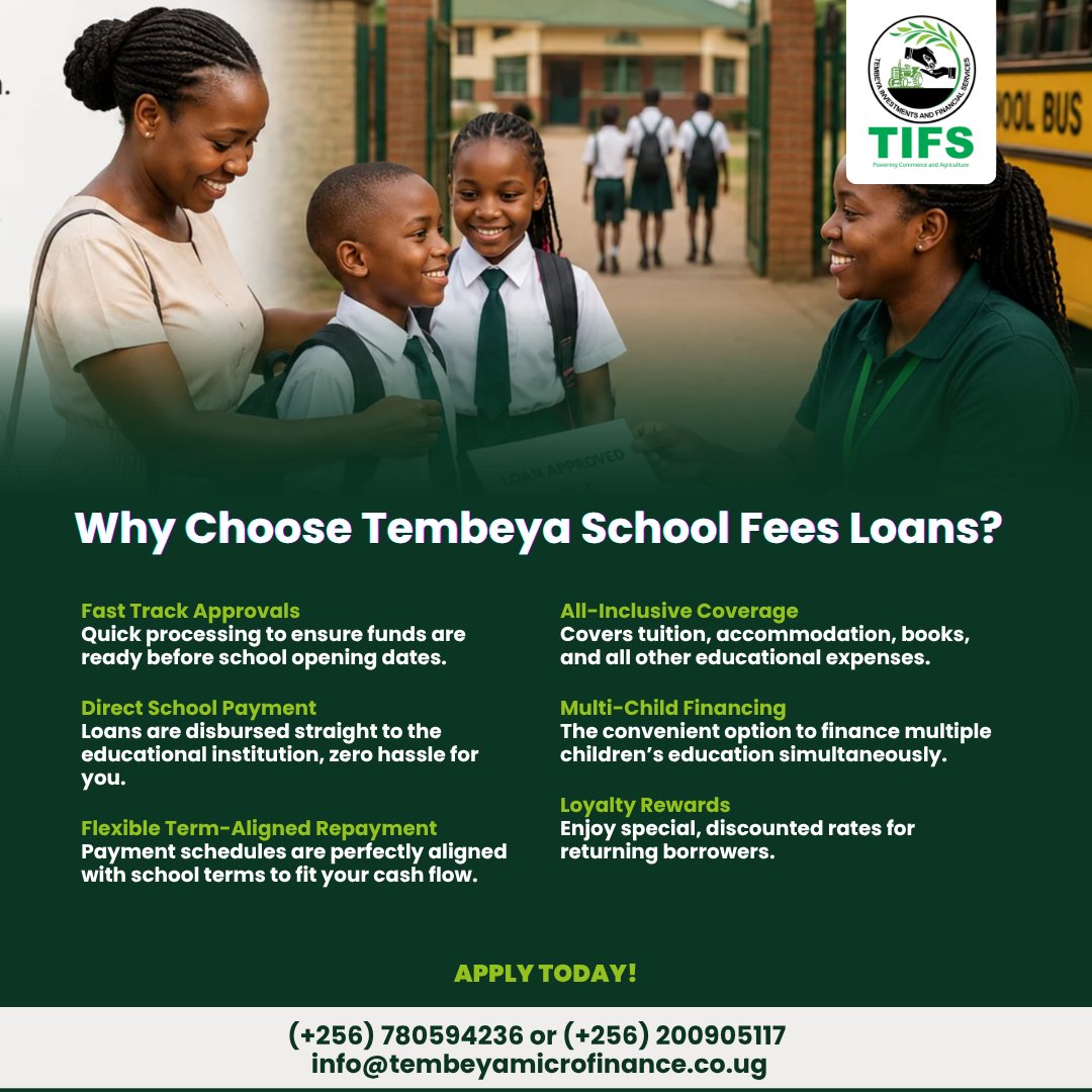 TembeyaMF's tweet photo. Don't let school fees deadlines disrupt your child's education. 📚 With Tembeya School Fees Loans, enjoy fast approvals, direct payments to schools, and term-aligned repayments that match your cash flow.

Apply today! https://t.co/U2hxI7E0b3