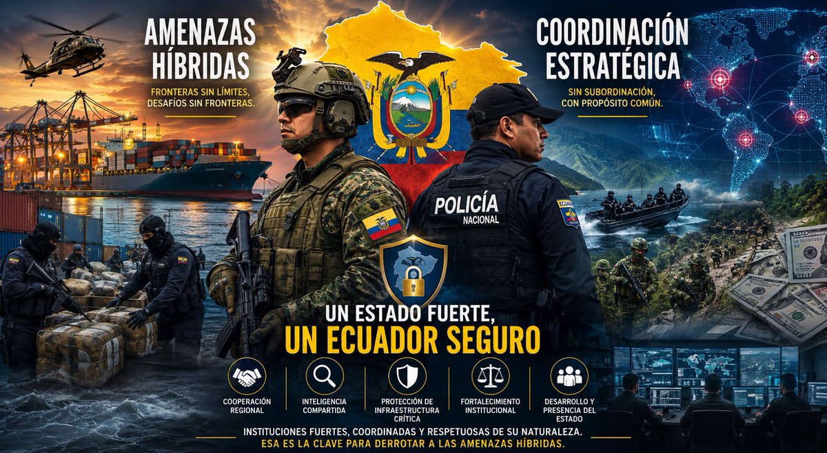 SerPlaton's tweet photo. 📍 Quito | 19 mayo 2026

Las amenazas híbridas ya no respetan fronteras.  
Narcotráfico, minería ilegal, lavado, corrupción y control logístico operan como redes transnacionales.

El desafío no es subordinar instituciones.  
Es construir coordinación estratégica real entre Estado, Fuerzas Armadas y Policía Nacional, manteniendo su naturaleza constitucional.

La seguridad del siglo XXI exige inteligencia, interoperabilidad y capacidad estatal integrada.

Lean el artículo completo 👇

https://t.co/klr5UG2WoE

#Ecuador #SeguridadNacional #AmenazasHíbridas #FuerzasArmadas #PolicíaNacional #Institucionalidad