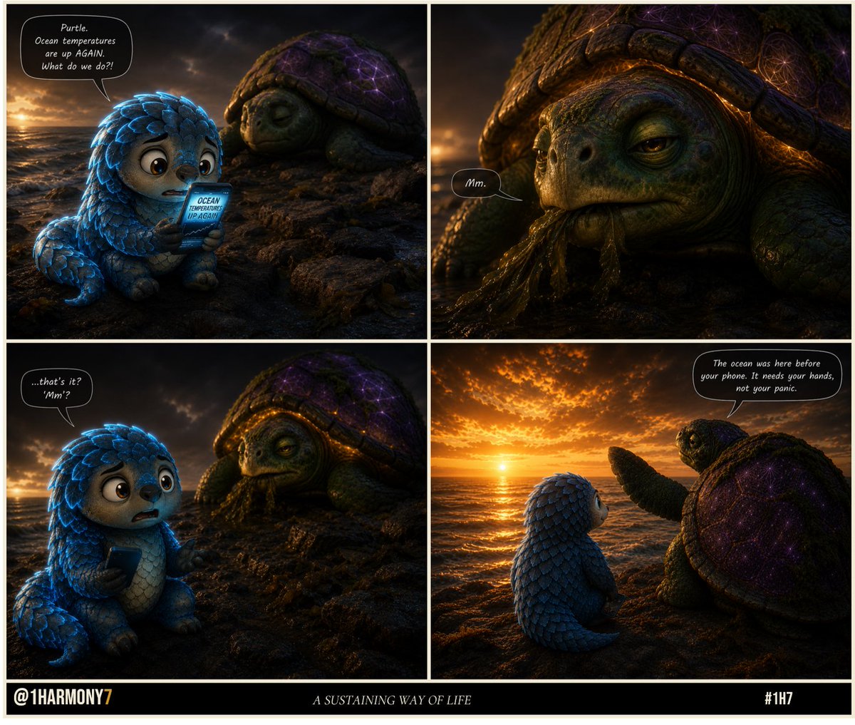 1harmony7's tweet photo. PanPan: "Ocean temps are up AGAIN. What do we do?!"
Purtle: "Mm."
PanPan: "...that's it? 'Mm'?"

"The ocean was here before your phone. It needs your hands, not your panic."

🐢💙
#1H7 https://t.co/G48d1ejXro