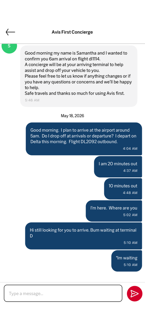 TwiceTheDan's tweet photo. @Avis Lack of automated response is unbelievable here in 2026. I message my concierge multiple times w/ 0 response.  I finally get desperate &amp; give keys to shuttle driver so I can make my flight. An hour and a half later come to find out Avis FIRST is not 24 hours. https://t.co/tr3xRGtEG1