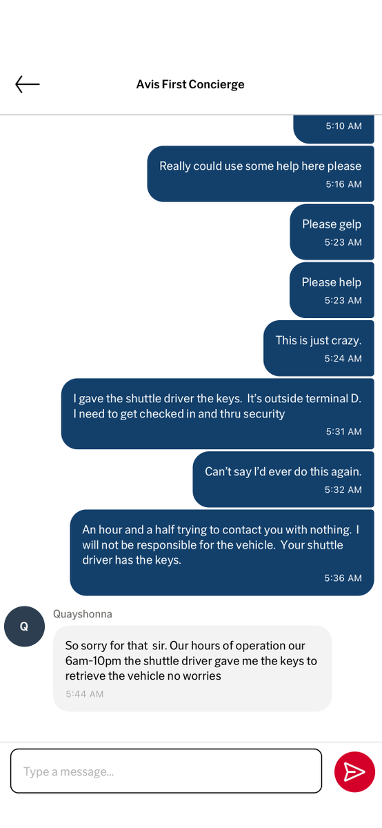 TwiceTheDan's tweet photo. @Avis Lack of automated response is unbelievable here in 2026. I message my concierge multiple times w/ 0 response.  I finally get desperate &amp; give keys to shuttle driver so I can make my flight. An hour and a half later come to find out Avis FIRST is not 24 hours. https://t.co/tr3xRGtEG1