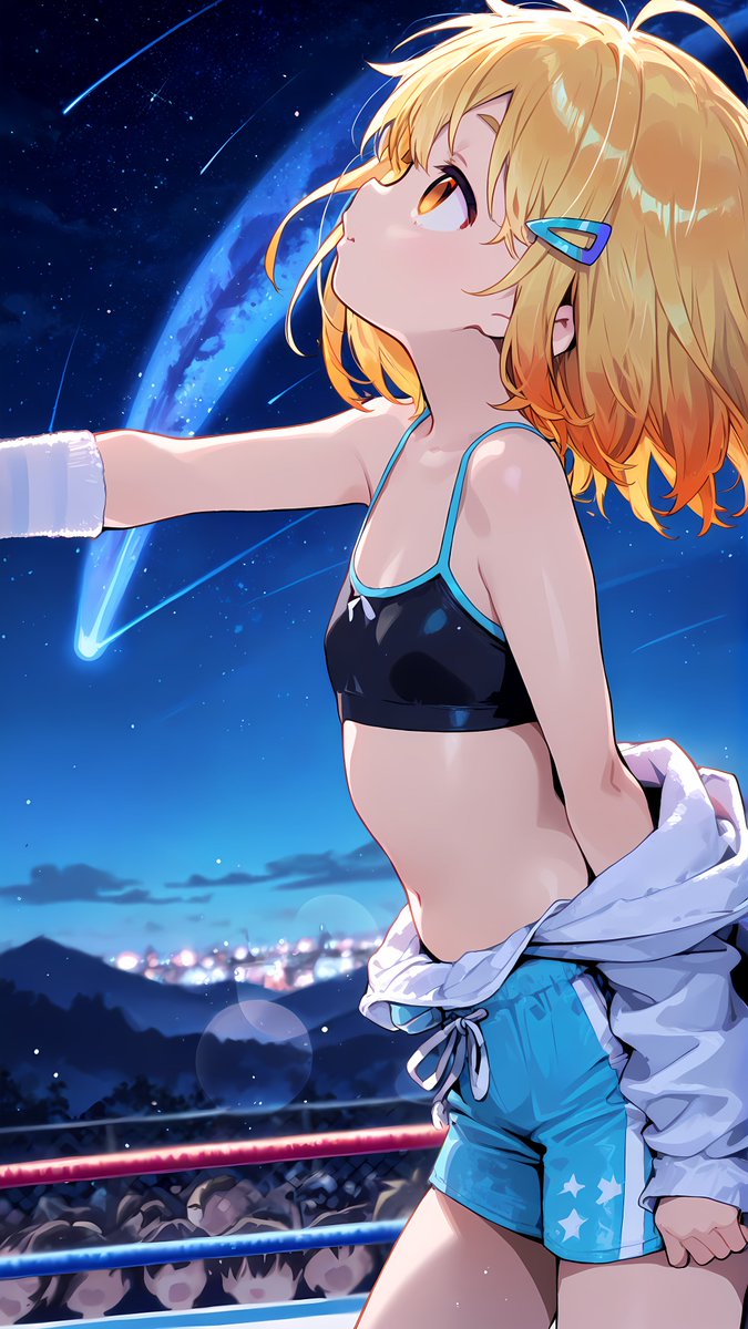pote_bus's tweet photo. ギャラクシー・ボクシング・モード陽葵さん(take3)

5月19日は「ボクシングの日」、1910年にハレー彗星が地球に最接近した日です

✨雑学っぽい何か✨
彗星の『尾』を逆に辿れば、そこに太陽がある
彗星の美しく長い尾は、常に太陽とは「真反対の方向」に伸びます
これは、太陽から吹き付ける強力な風（太陽風）によって、彗星の核から構成成分（約80%の水と氷、酸化炭素のガス、炭素や鉄などの岩石成分）が吹き飛ばされているためです
まるで太陽からのパンチで後ろに髪がなびいているかのような、ダイナミックな宇宙の現象ですね😉

#AIart #4KUHD #陽葵 #ボ��シングの日