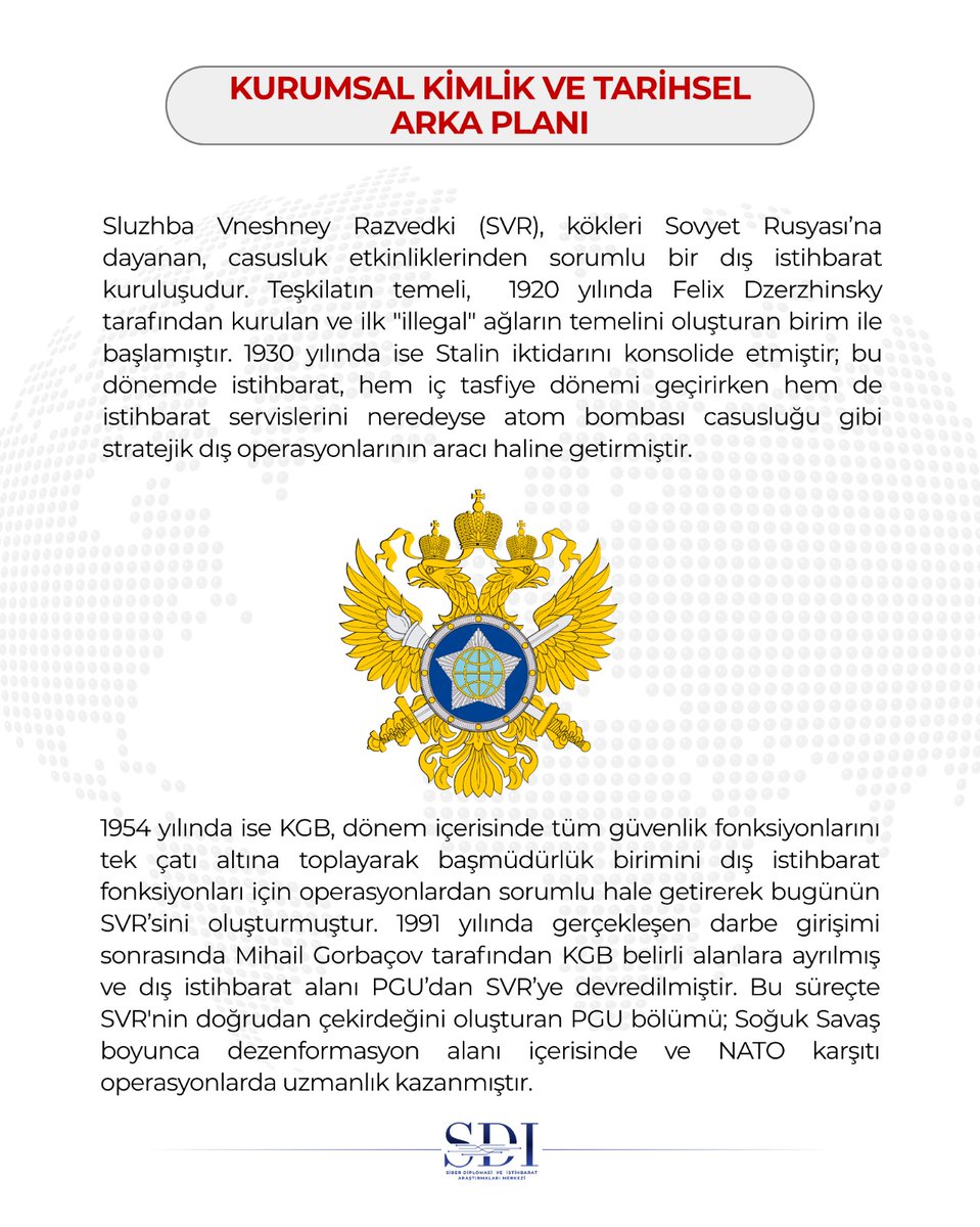 sdiam_tr's tweet photo. 🔖 İSTİHBARAT SERVİSLERİ | 🇷🇺
Sluzhba Vneshney Razvedki 

Rusya Dış İstihbarat Servisi 
 
#SVR #Russia #IntelligenceServices #DivanDernegi #sdiam https://t.co/lGx55lKYfF